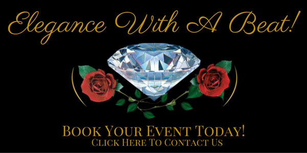 Elegant black event flyer with diamond, red roses, and gold text: “Elegance With A Beat! Book Your Event Today!”