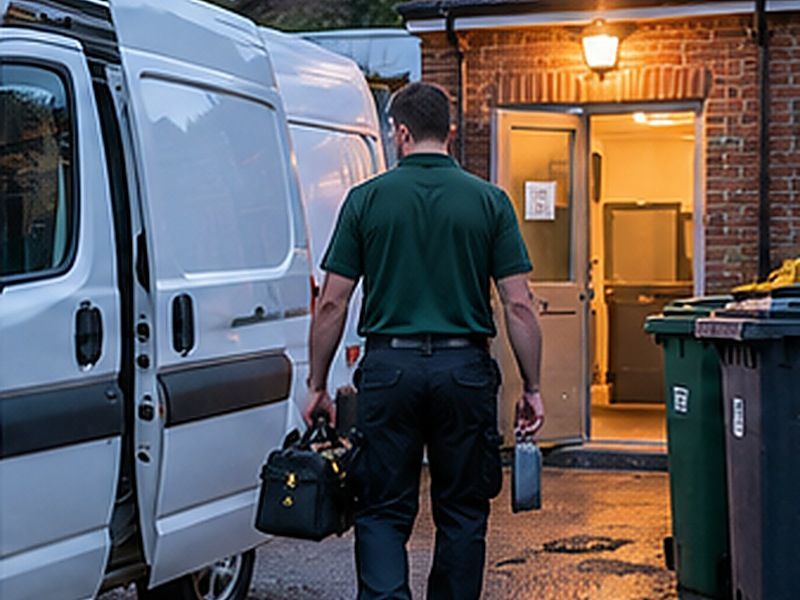 Technician carrying numbered bait stations into a restaurant kitchen before opening