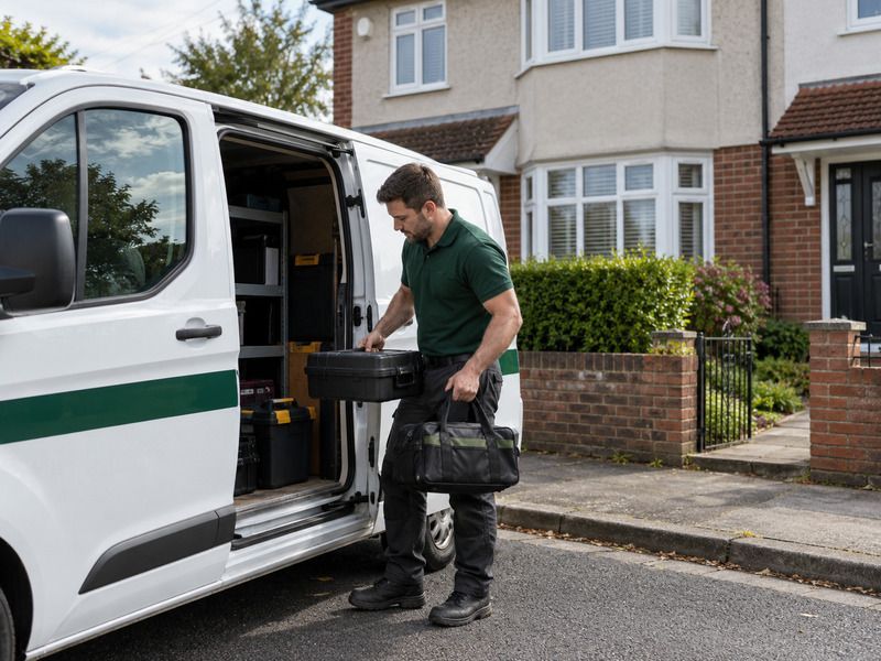 Technician unloading bait stations and a kit bag from the van