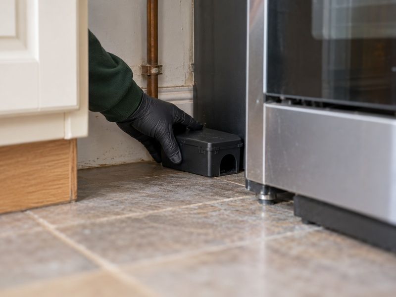 Technician checking a snap trap behind a kitchen appliance