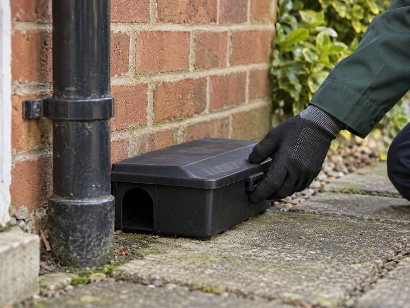Technician setting a tamper-resistant bait station behind a kitchen unit