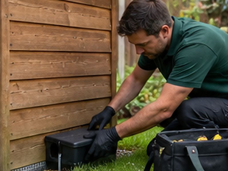 Technician anchoring a tamper-resistant bait station beside a garden shed