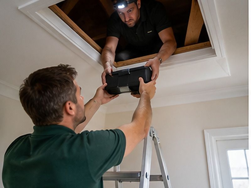 Technician going up into a loft with a kit bag and bait stations