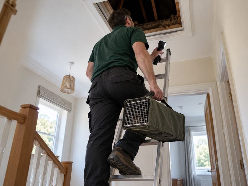 Technician carrying a trap and kit bag up to a loft hatch