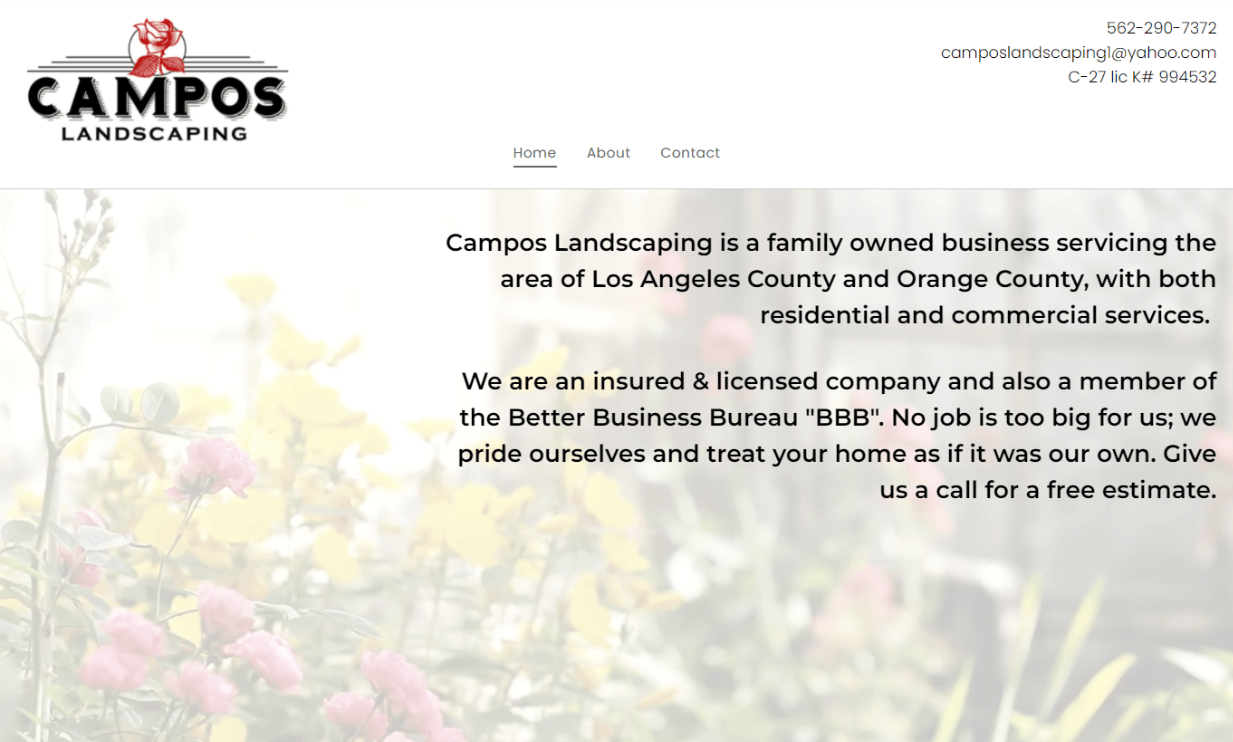 Website homepage for Campos Landscaping, a family-owned business.