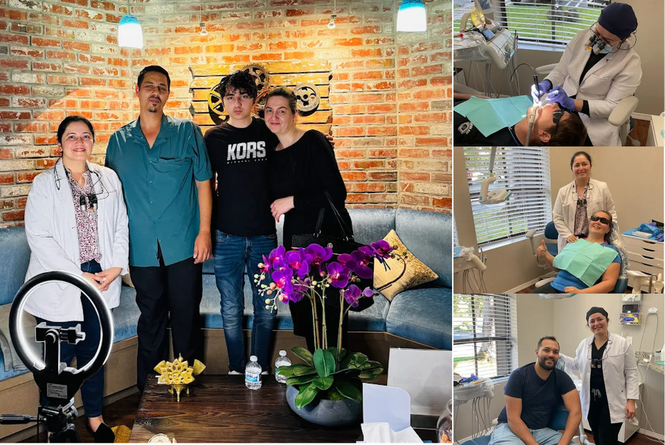 Four people posing in a brick-walled salon; three smaller inset photos show a haircut and salon service.