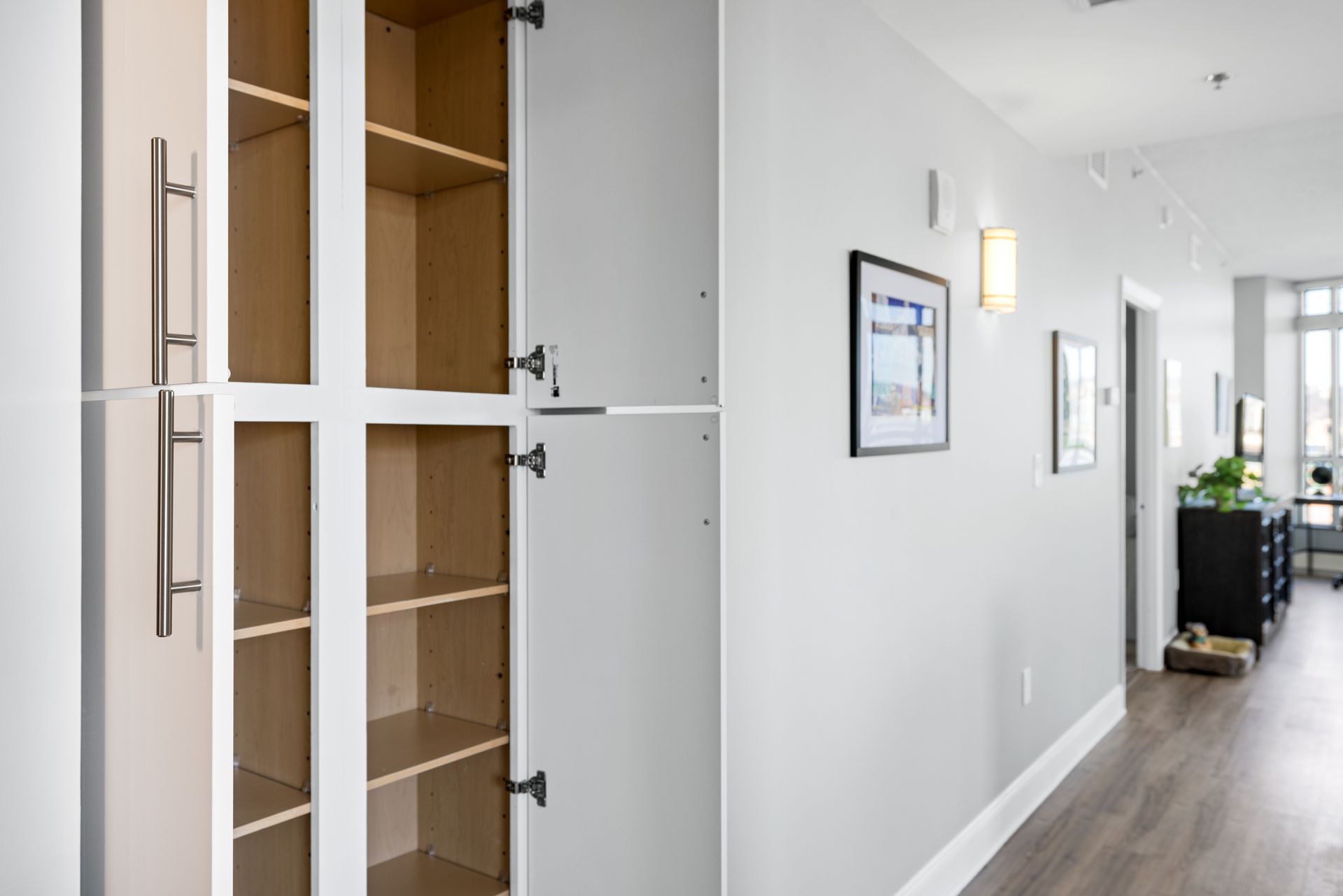 A hallway with a closet and a picture on the wall.