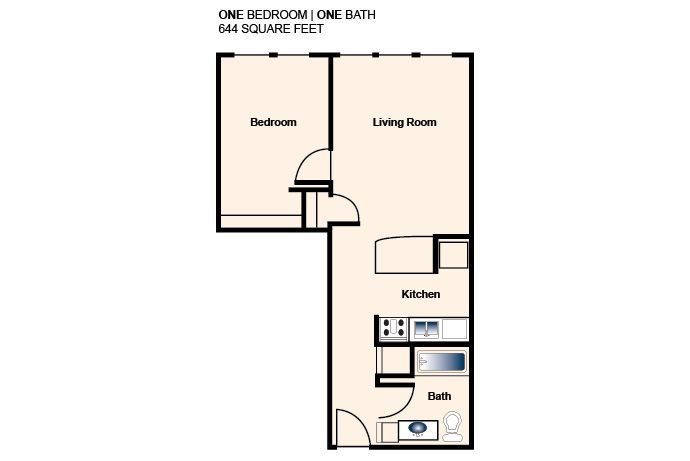 Apartment floor plan showing one bedroom, living room, kitchen, and bath.