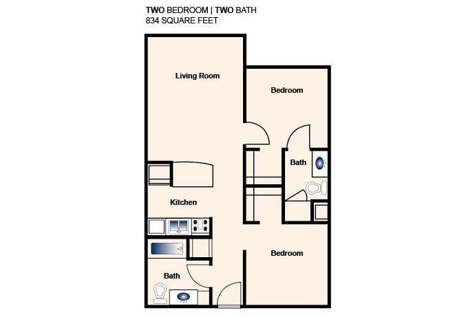 Floor plan of a two-bedroom, two-bath apartment with living room, kitchen, and baths.