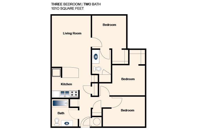 Floor plan of a two-bath, two-story house with labeled rooms and stairs.