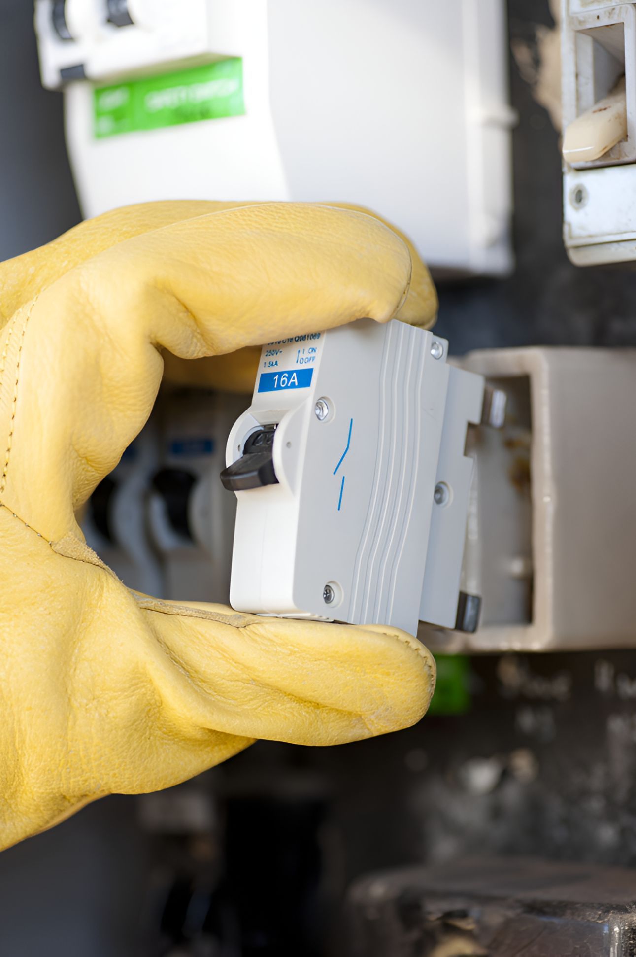 A Person Wearing Yellow Gloves Is Holding A Breaker In Their Hand — Entire Power Solutions In Merewether, NSW