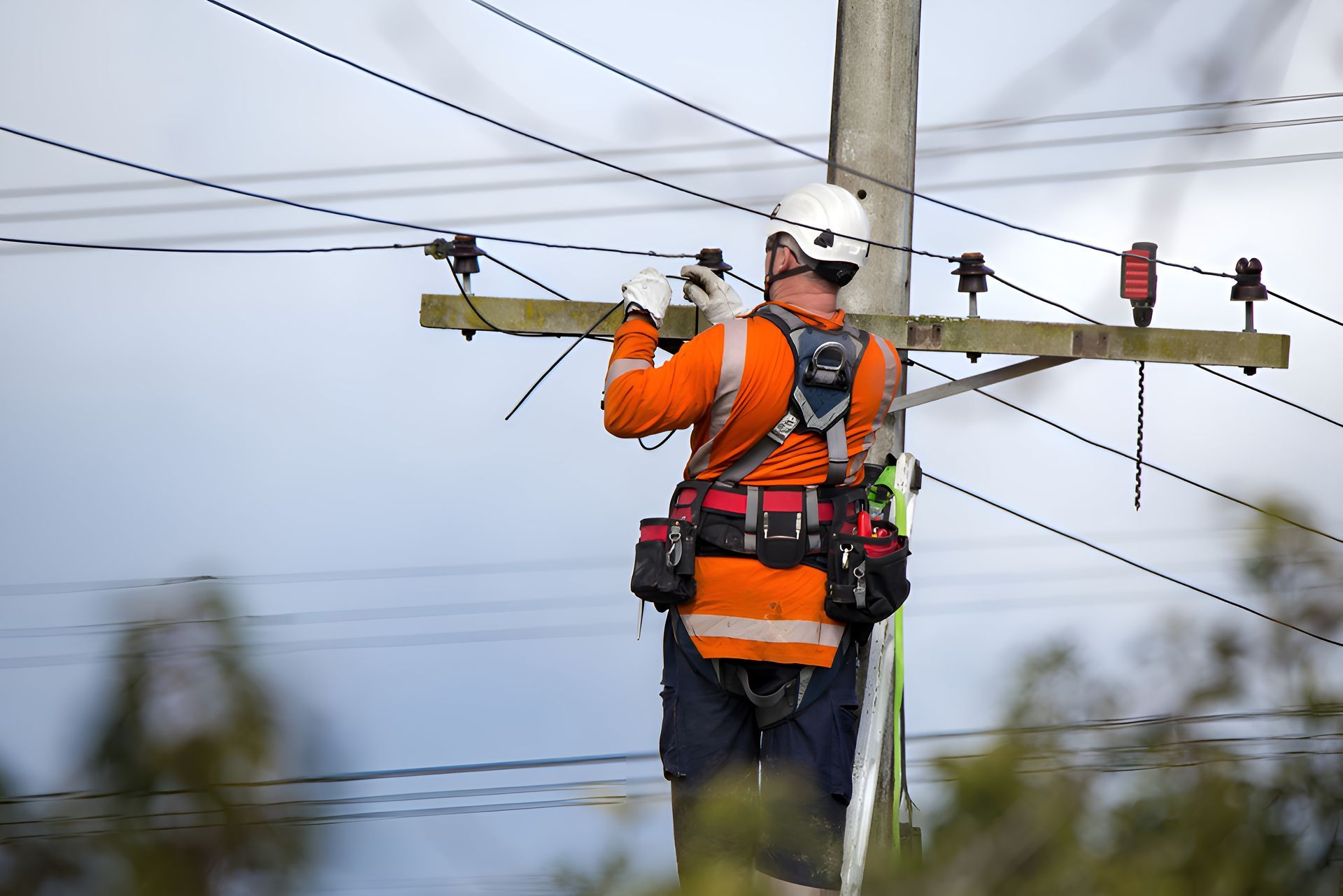 An Electrician Is Working On A Powerline — Entire Power Solutions In Ashtonfield, NSW
