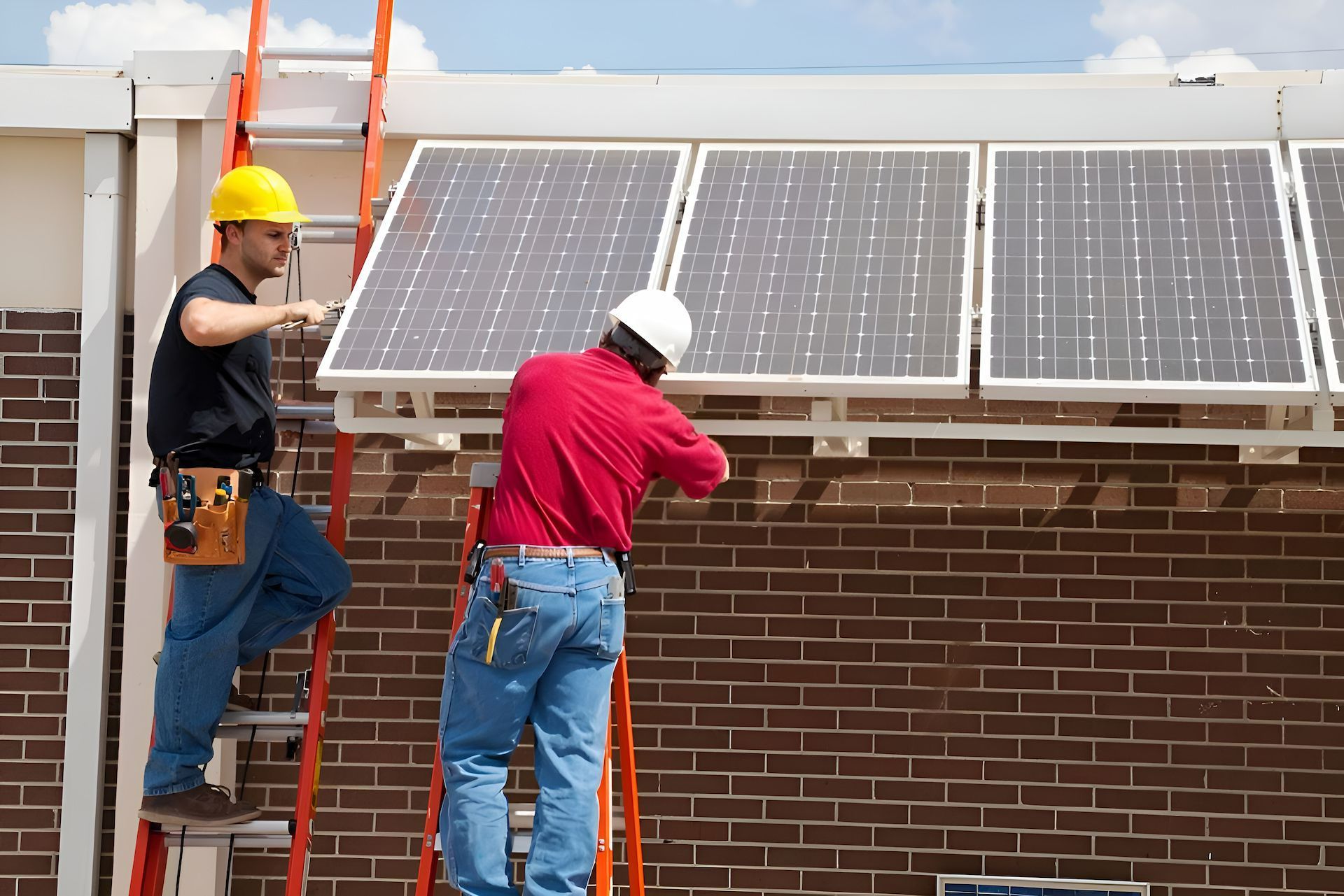 Two Men Are Installing Solar Power On A Roof — Entire Power Solutions In Cessnock, NSW