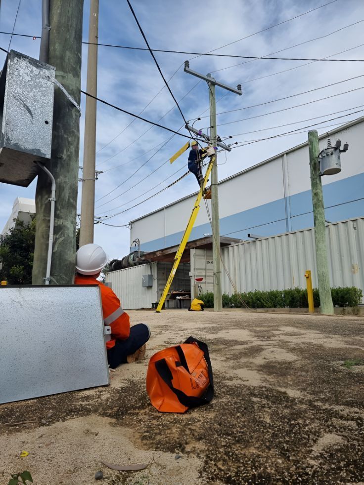 A Man On A Ladder Is Working On A Power Line — Entire Power Solutions In Thornton, NSW