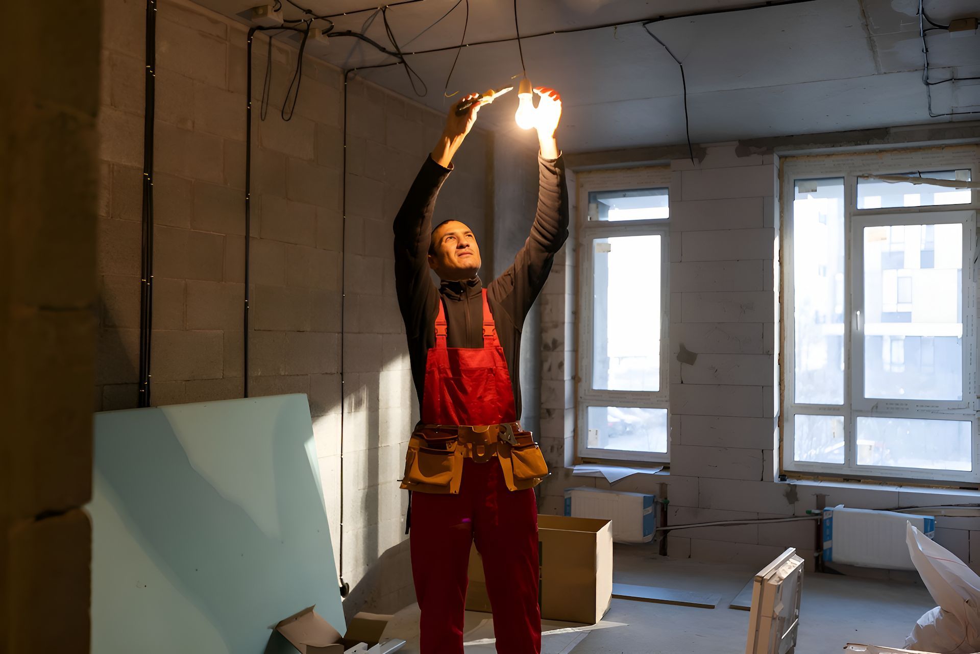 A Man Is Testing A Hanging Light — Entire Power Solutions In Mayfield, NSW
