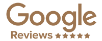 The google reviews logo is brown and white and has five stars.