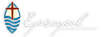 A logo for episcopal church with a cross and waves