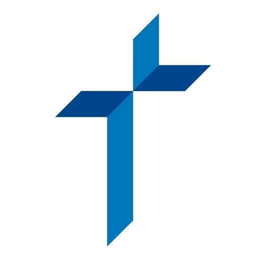 A blue cross on a white background that looks like a windmill.