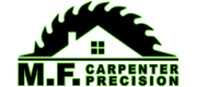 M.F. Carpenter Precision logo with black roof, green tools, and bold black text on white background