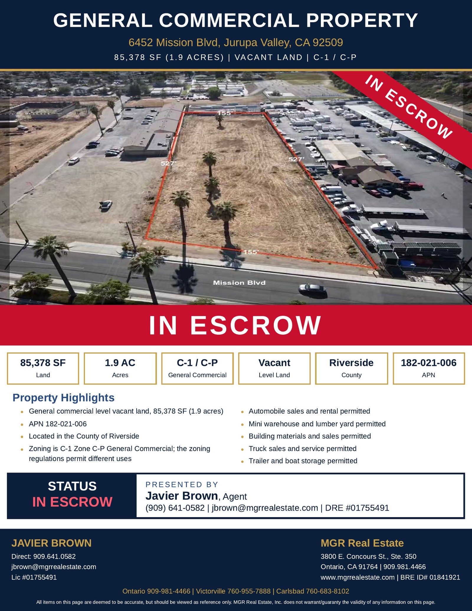 6452 Mission Blvd, Jurupa Valley CA land flyer, in escrow