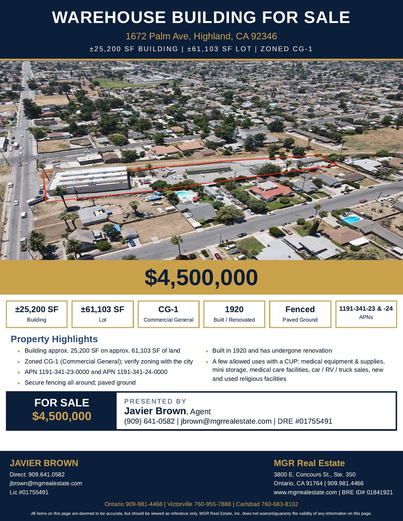 1672 Palm Ave, Highland CA warehouse building for sale flyer