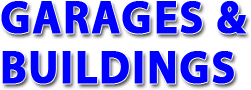A blue sign that says `` garages & buildings '' on a white background.
