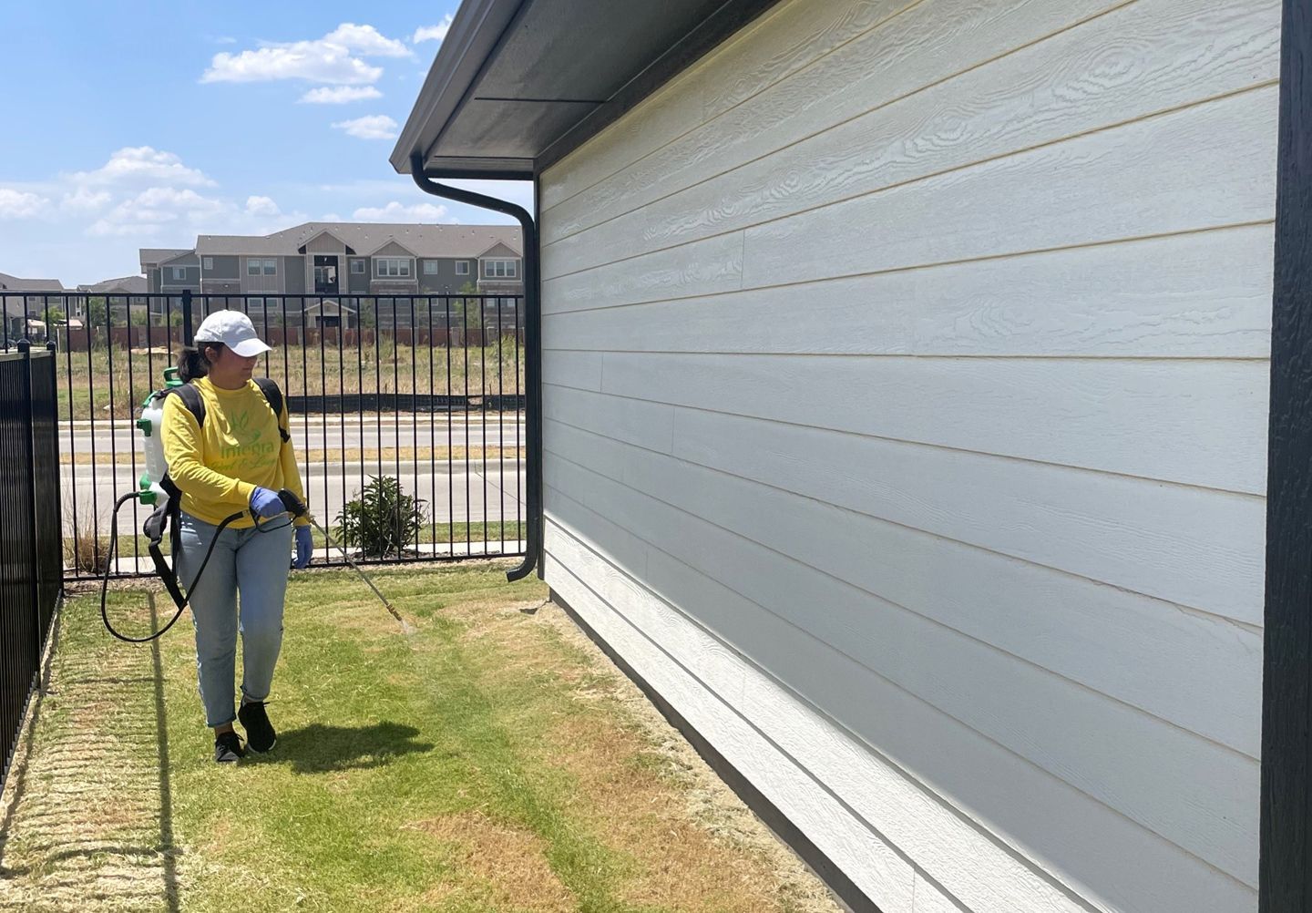 Person spraying insecticide on the side of a house; a grassy yard and fence are present.