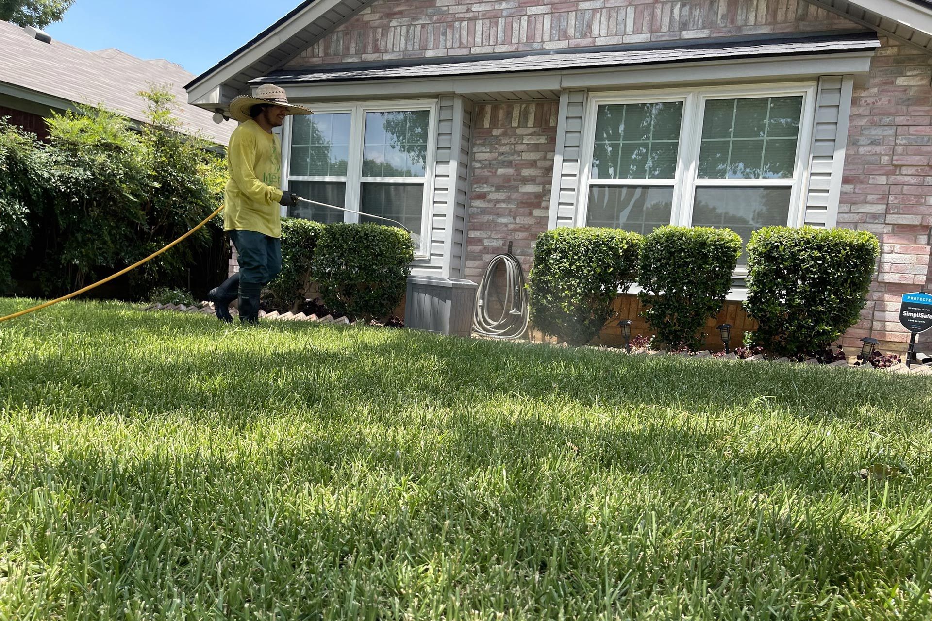 Person spraying lawn with hose near house. Green grass, brick exterior, sunny day.