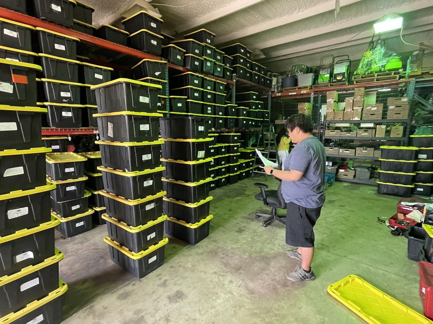 A person reviews paperwork in a storage room filled with stacked black bins on shelves.
