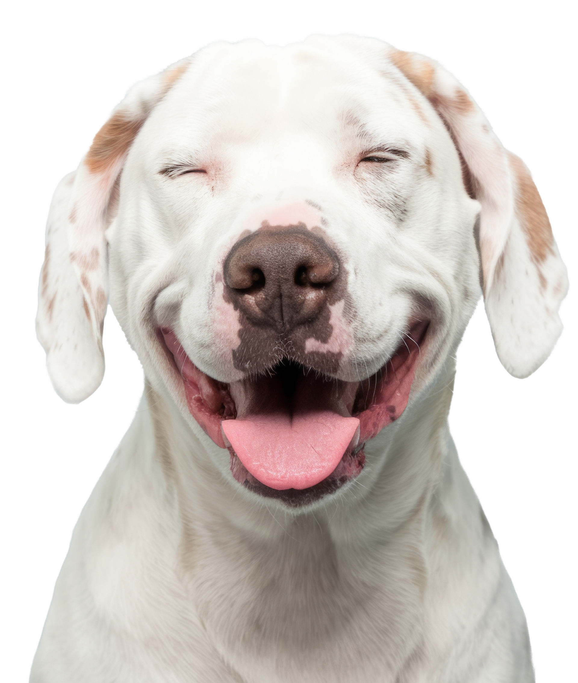 A white and brown dog is smiling with its eyes closed and its tongue out.