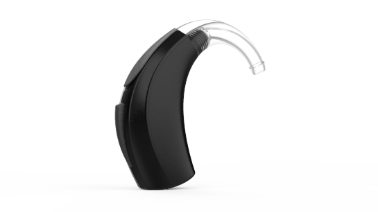 Black behind-the-ear hearing aid, curved design with clear tubing, on white background.