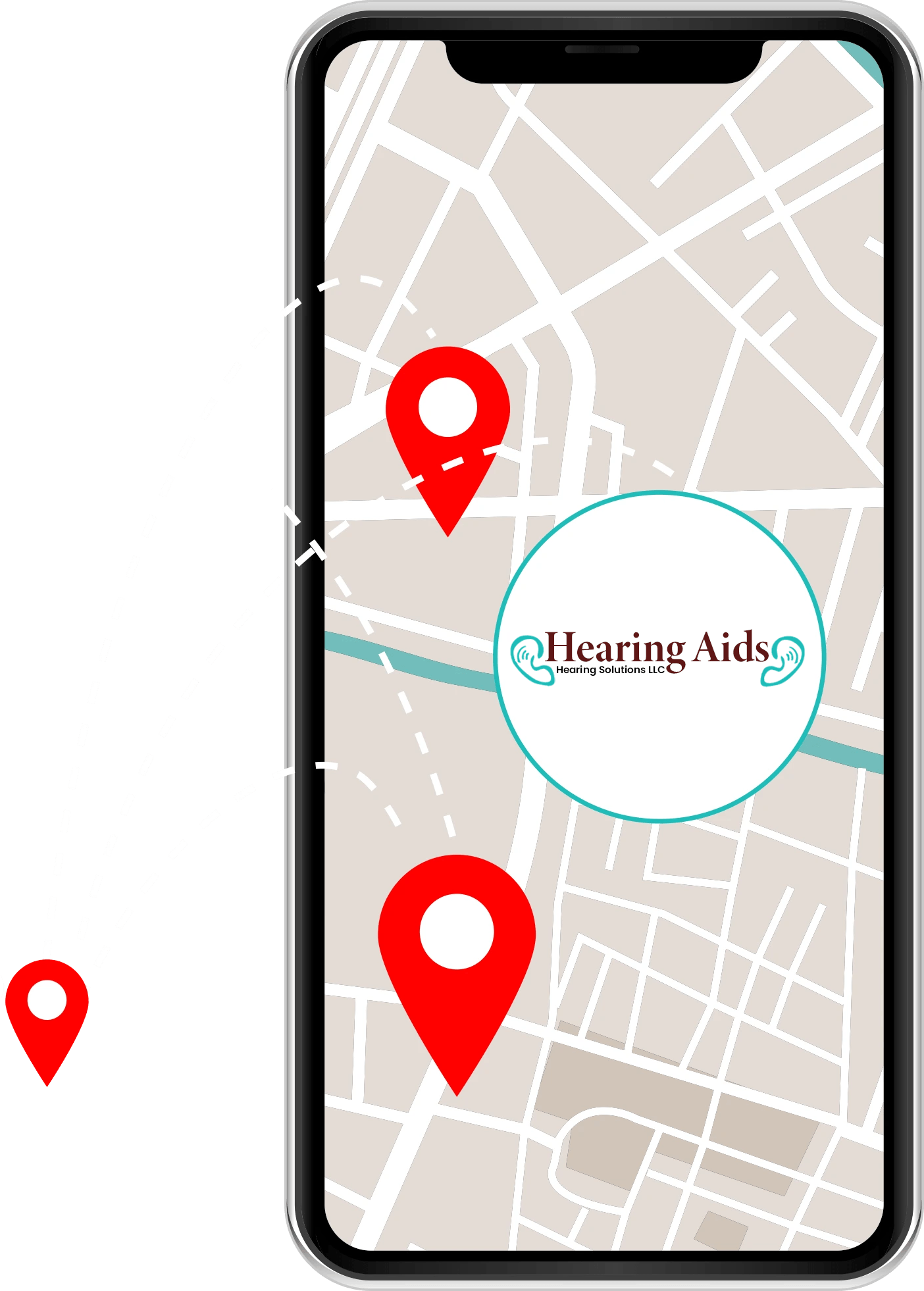 Smartphone map with red location markers near a