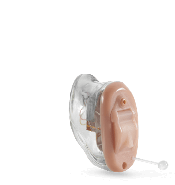 Beige and clear in-the-canal hearing aid.