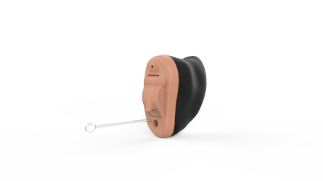 Beige and black in-the-ear hearing aid with a thin clear wire extending from the device.