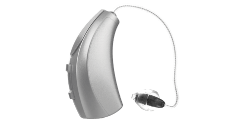 Silver behind-the-ear hearing aid with a clear tube and ear dome.