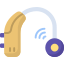 Yellow and purple hearing aid with blue wireless signal icon.