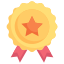 Gold award badge with a star, red ribbon.