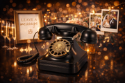 Sign for an audio guestbook with instructions: Pick up phone, record, hang up. Features vintage telephone illustration.