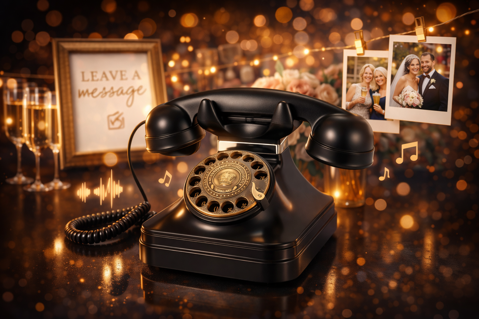 Sign for an audio guestbook with instructions: Pick up phone, record, hang up. Features vintage telephone illustration.