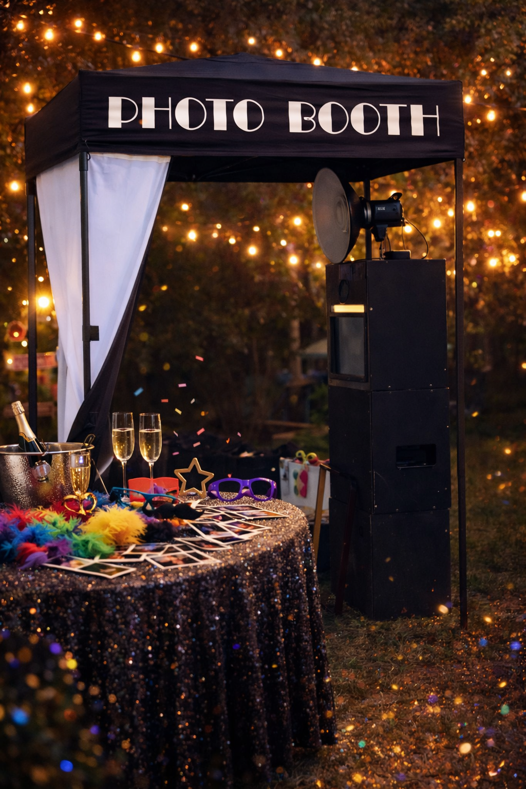 Black photo booth with a white backdrop, sitting on a yellow surface. A silver screen is attached to the side.