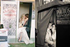 Wedding photo booth: couple kissing, bride in white dress, groom in suit; right: couple smiling.