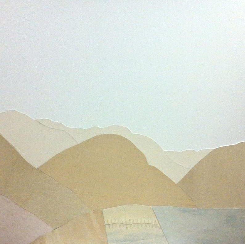 A painting of mountains and a body of water
