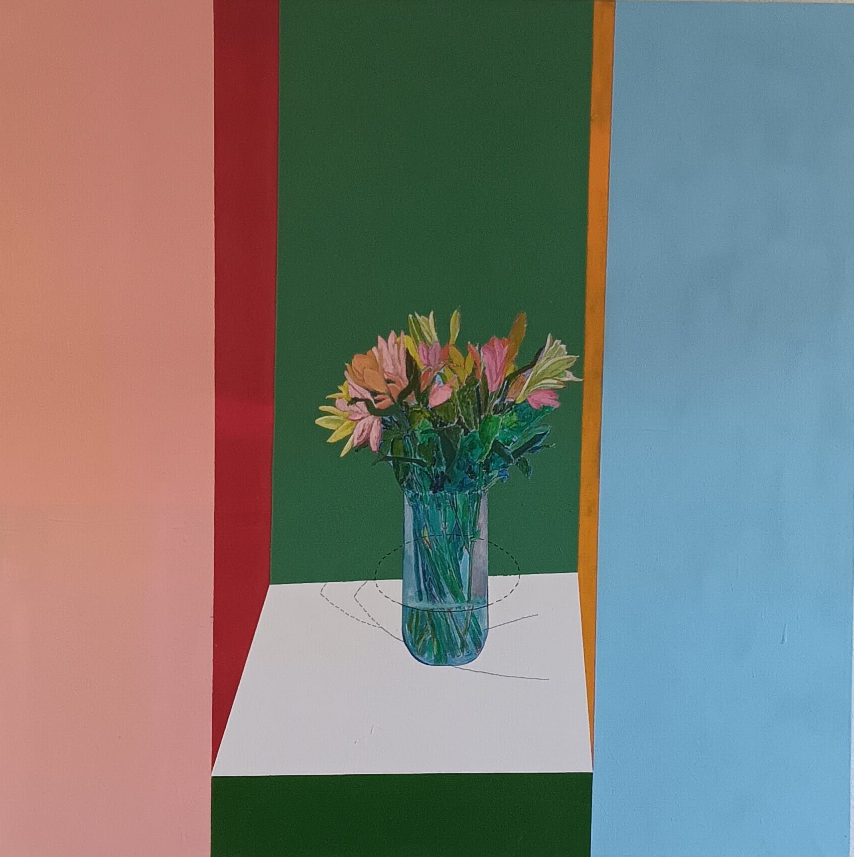 A painting of flowers in a vase on a table