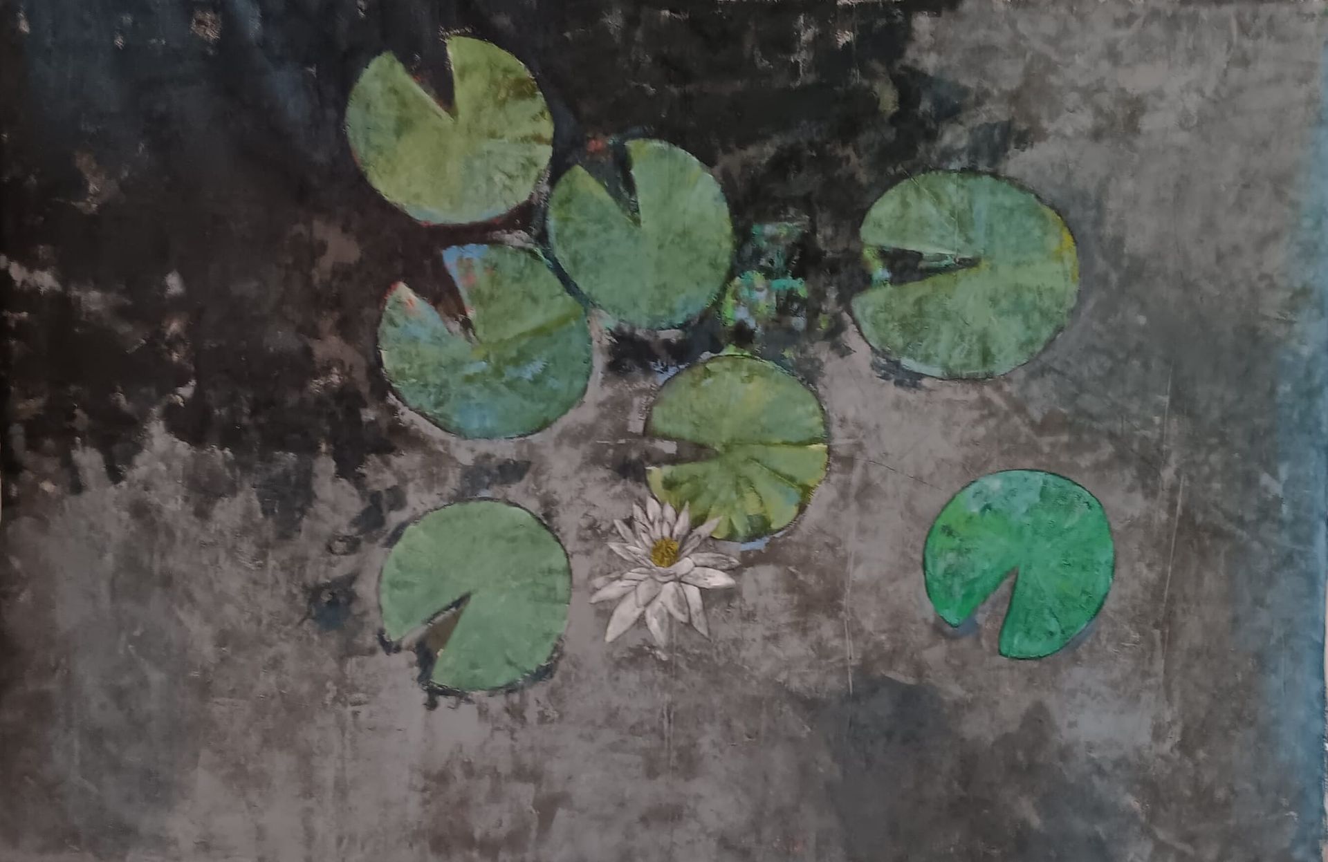 A painting of water lilies and a white flower in a pond.