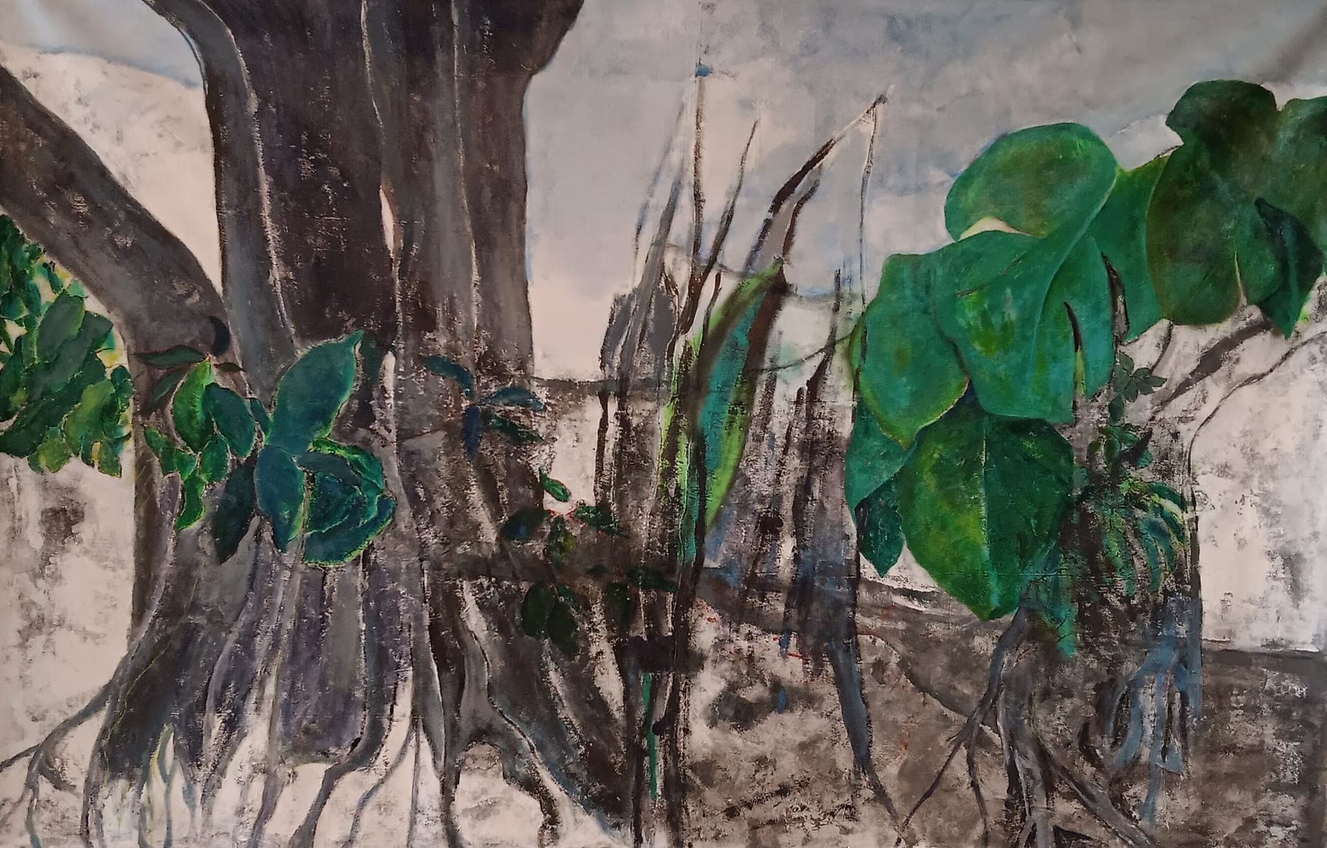 A painting of a tree with roots and leaves