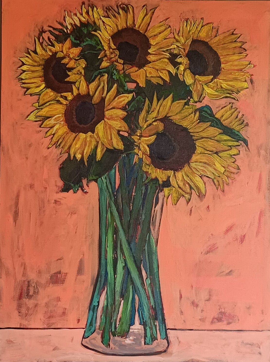A painting of sunflowers in a vase on a table.