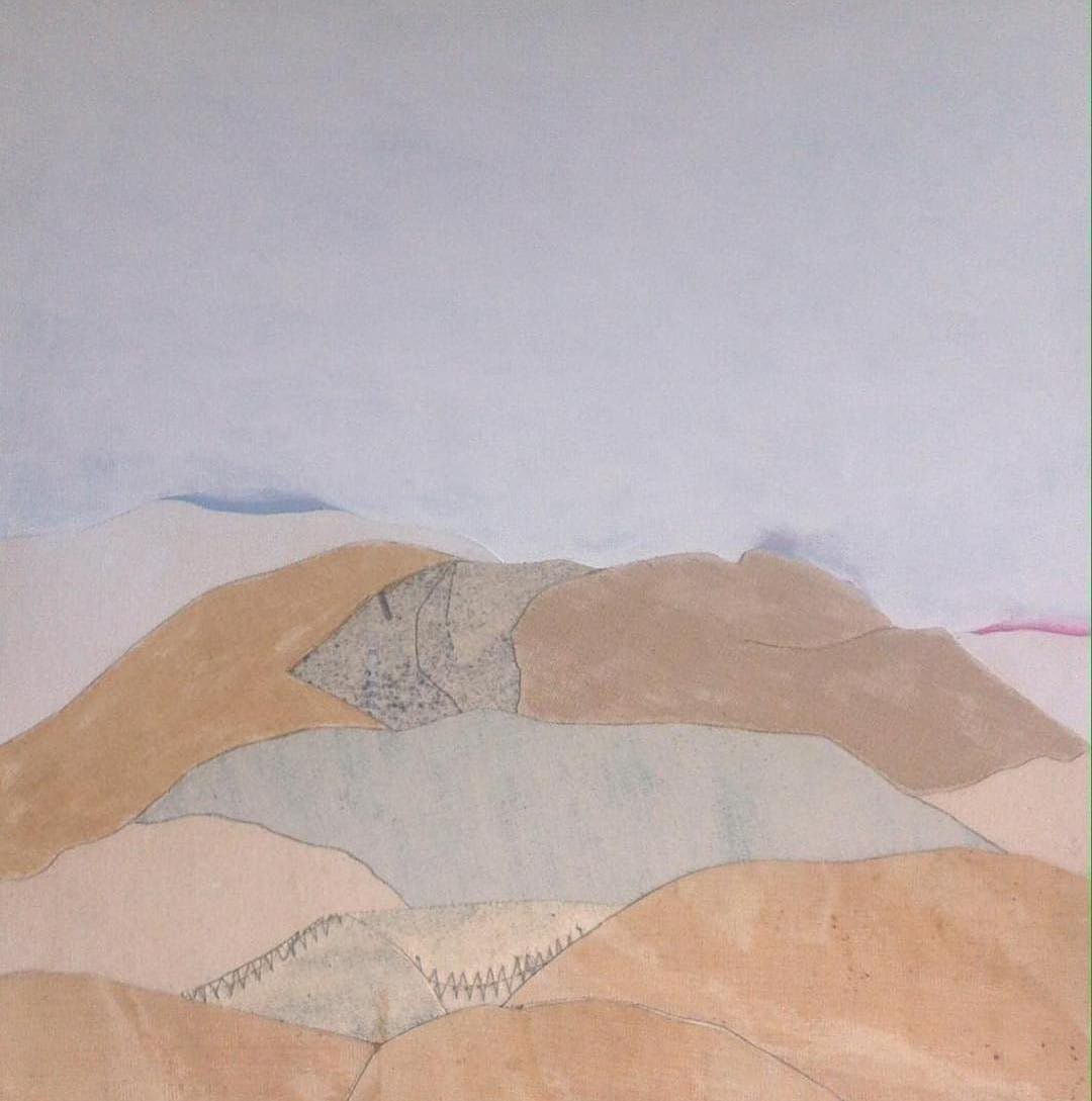 A painting of a landscape with mountains in the background