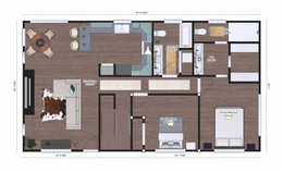 Top-down floor plan of a small apartment with living room, kitchen, bedroom, bathroom, and hallways.