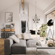 Bright minimalist living room with gray sectional, white walls, wood accents, and large windows.