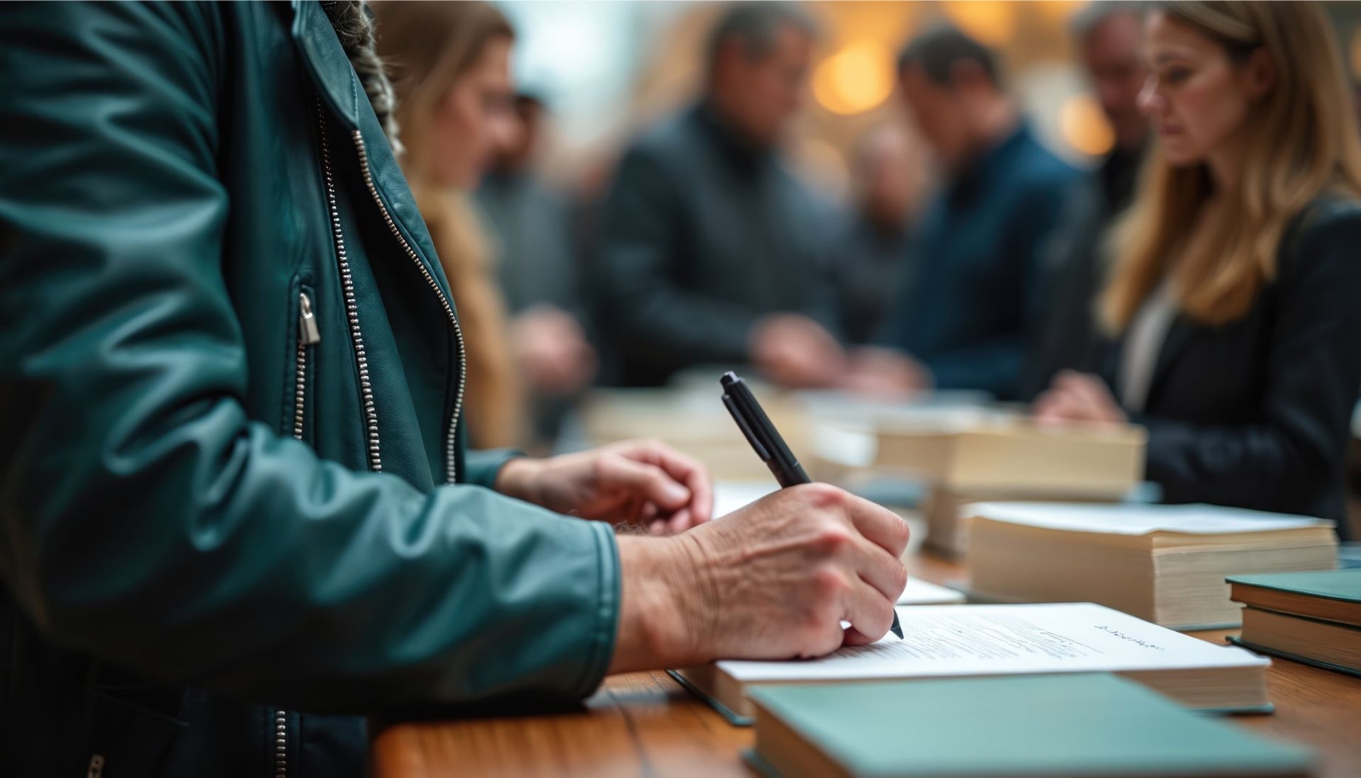A person in a dark green leather jacket signs a book at a table with other people visible in the blurred background.
